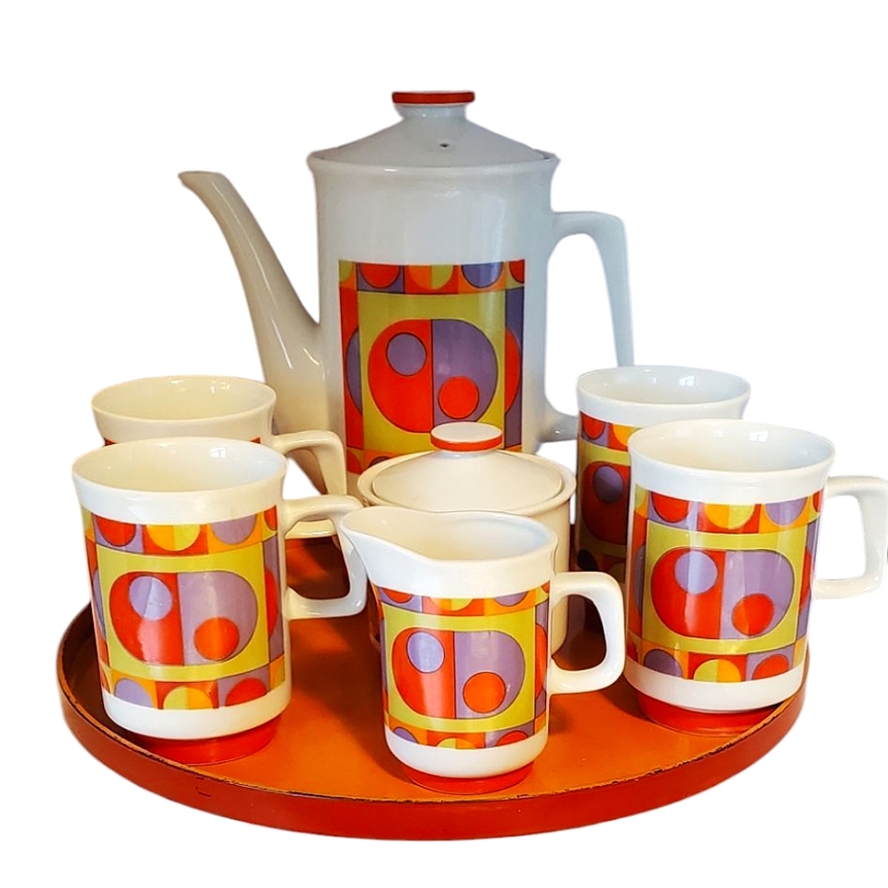 Mid-Century Mod Op-Art Design 10 Piece Coffee Set with Tray 1960s Japan
